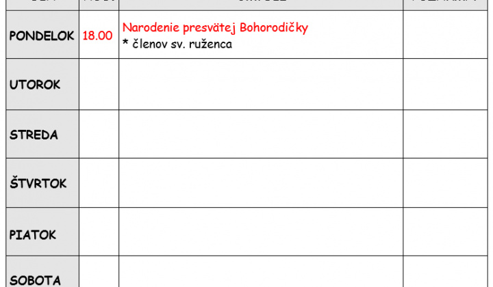 Fotka - Bohoslužobný poriadok 08.09.2025-14.09.2025