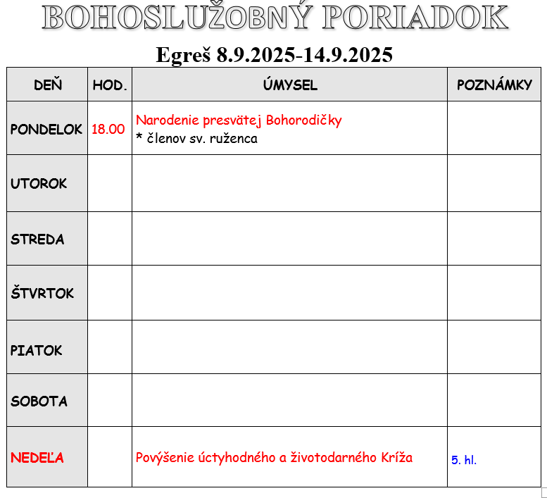 Fotka - Bohoslužobný poriadok 08.09.2025-14.09.2025