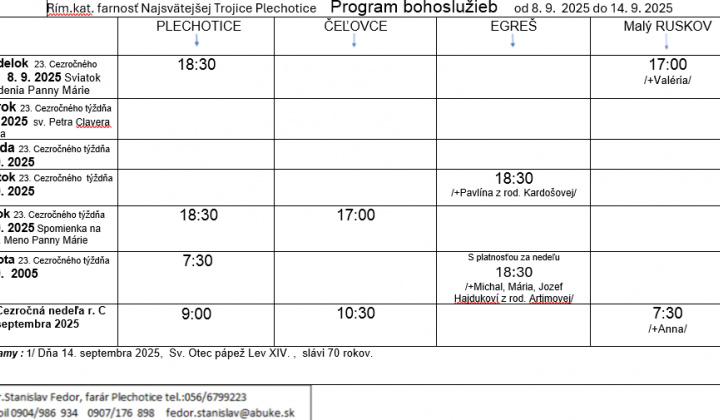 Fotka - Program bohoslužieb týždeň od 08.09.2025 do 14.09.2025
