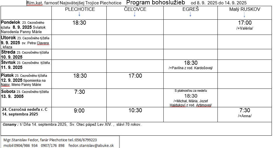 Fotka - Program bohoslužieb týždeň od 08.09.2025 do 14.09.2025