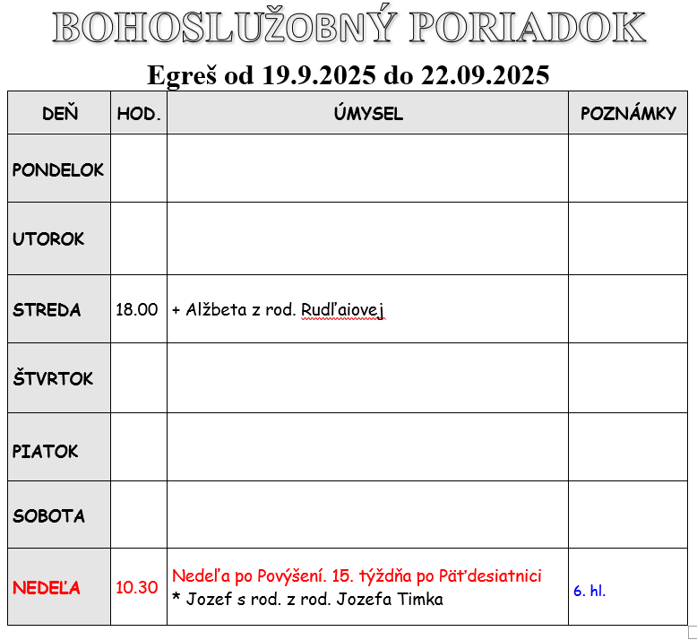 Fotka - Bohoslužobný poriadok 16.09.2025-22.09.2025