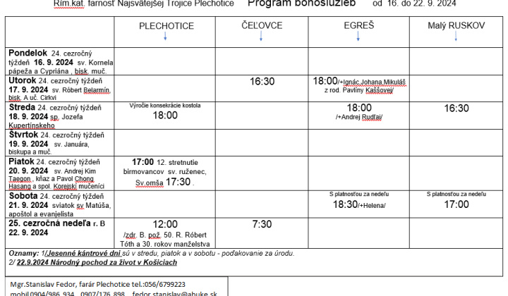 Fotka - Program bohoslužieb týždeň od 16.09.2025 do 22.09.2025