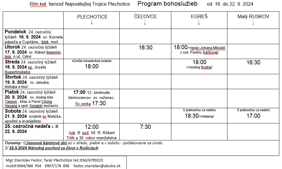 Fotka - Program bohoslužieb týždeň od 16.09.2025 do 22.09.2025
