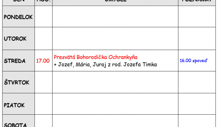 Fotka - Bohoslužobný poriadok 29.09.2025-05.10.2025