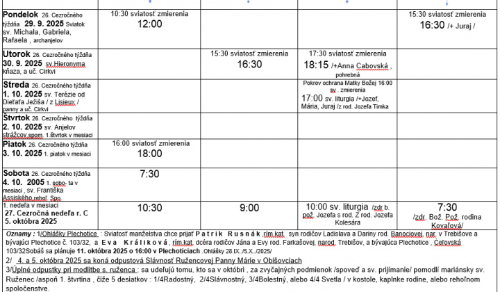 Fotka - Program bohoslužieb týždeň od 29.09.2025 do 05.10.2025