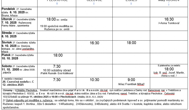 Fotka - Program bohoslužieb týždeň od 06.10.2025 do 12.10.2025