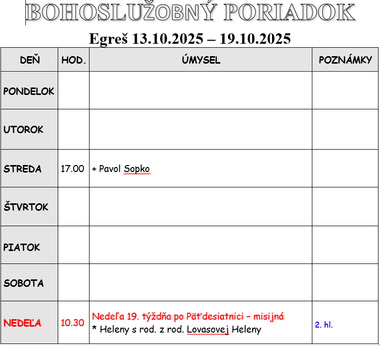 Fotka - Bohoslužobný poriadok 13.10.2025-19.10.2025