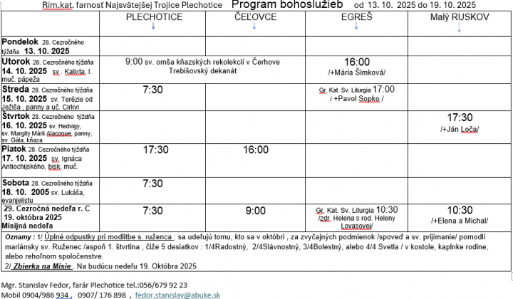 Fotka - Program bohoslužieb týždeň od 13.10.2025 do 19.10.2025