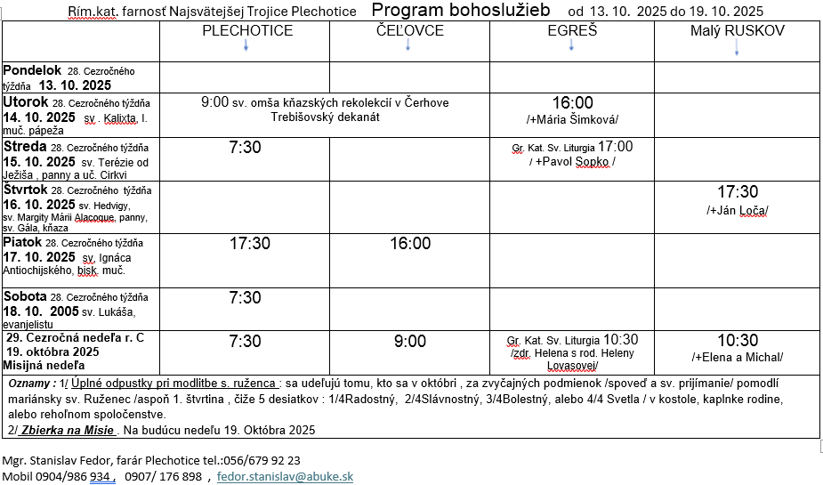 Fotka - Program bohoslužieb týždeň od 13.10.2025 do 19.10.2025