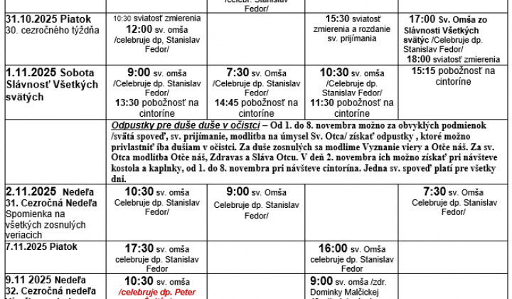 Fotka - Program bohoslužieb týždeň od 20.10.2025 do 23.11.2025