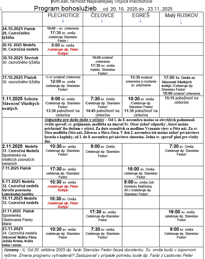 Fotka - Program bohoslužieb týždeň od 20.10.2025 do 23.11.2025