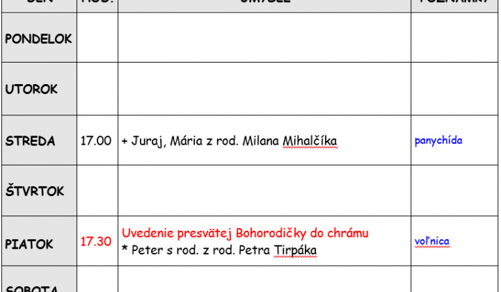 Fotka - Bohoslužobný poriadok 17.11.2025-23.11.2025