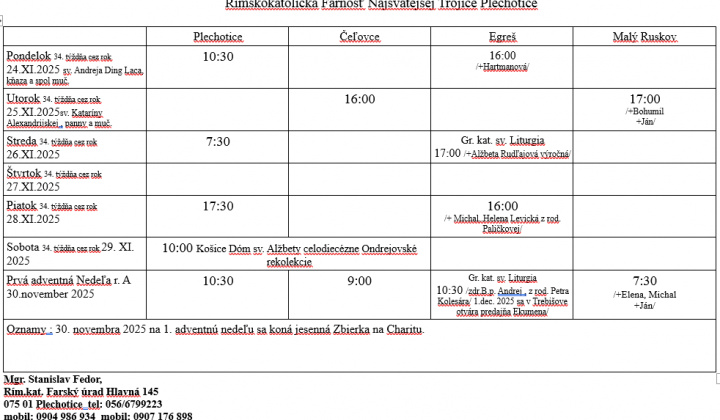 Fotka - Program bohoslužieb týždeň od 24.11.2025 do 30.11.2025