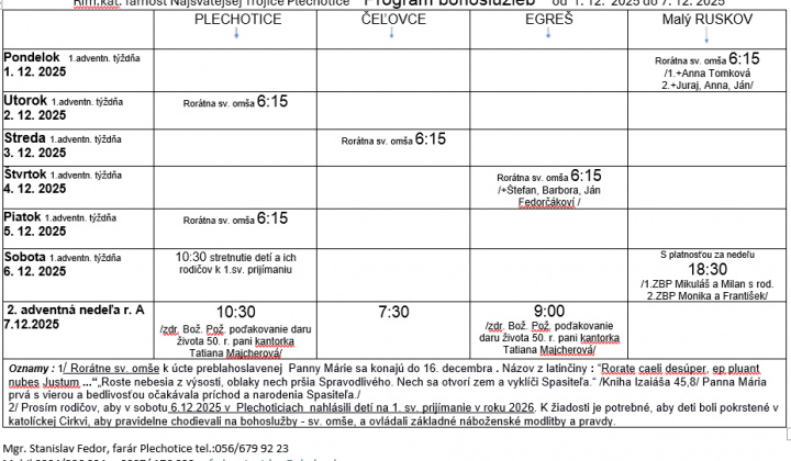 Fotka - Program bohoslužieb týždeň od 01.12.2025 do 07.12.2025
