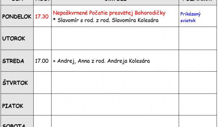 Fotka - Bohoslužobný poriadok 08.12.2025-14.12.2025