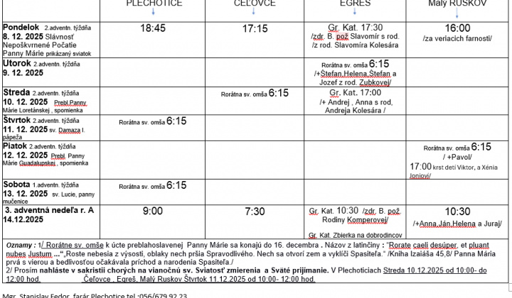 Fotka - Program bohoslužieb týždeň od 08.12.2025 do 14.12.2025