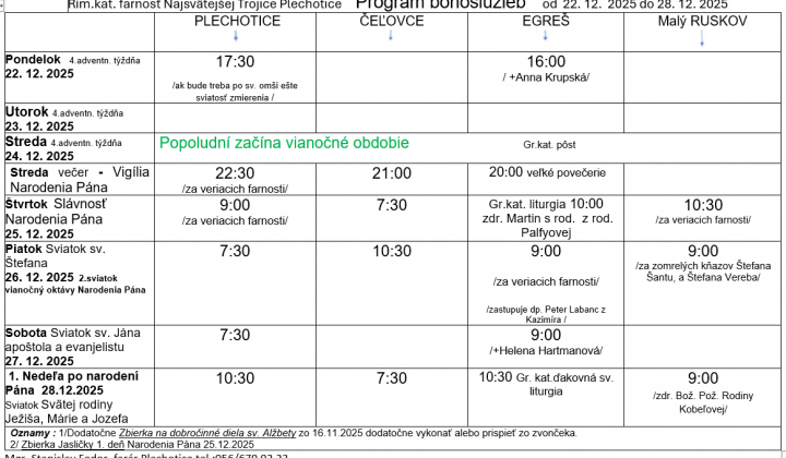 Fotka - Program bohoslužieb 22.12.2025-28.12.2025