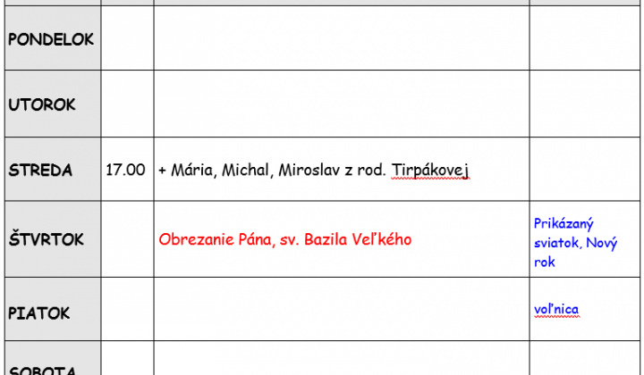 Fotka - Bohoslužobný poriadok 29.12.2025-04.01.2026