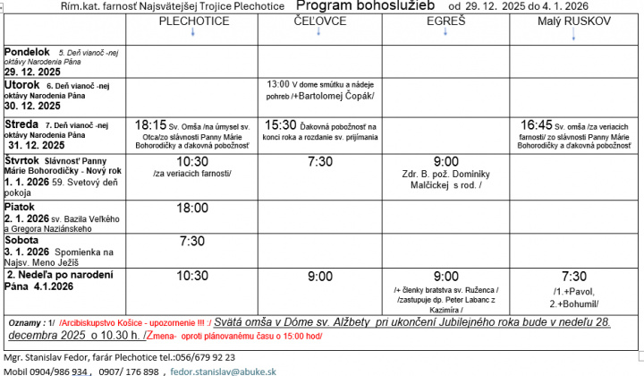 Fotka - Program bohoslužieb týždeň od 29.12.2025 do 04.01.2026