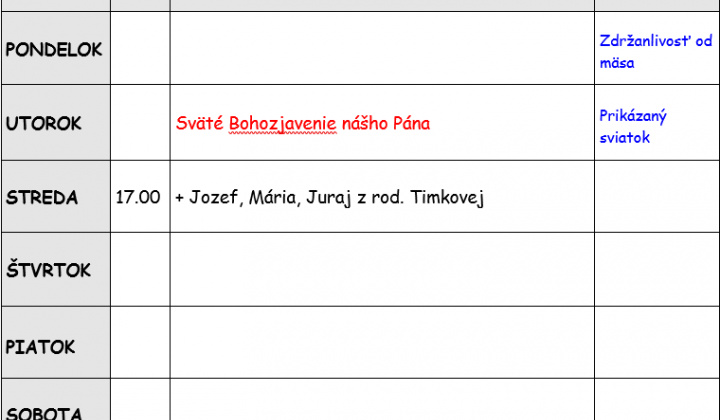 Fotka - Bohoslužobný poriadok 05.01.2026-11.01.2026