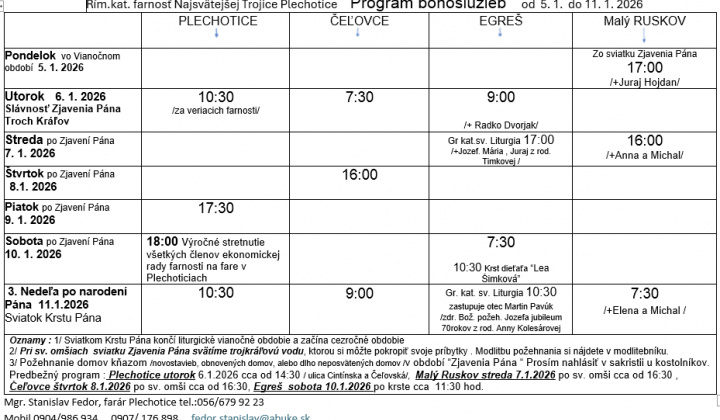 Fotka - Program bohoslužieb týždeň od 05.01.2026 do 11.01.2026