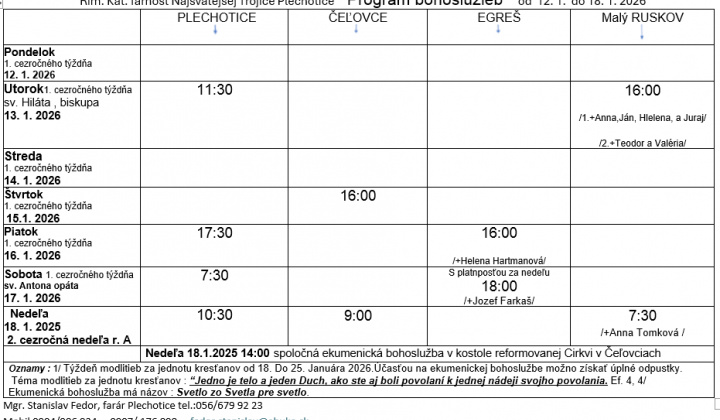 Fotka - Program bohoslužieb týždeň od 12.01.2026 do 18.01.2026
