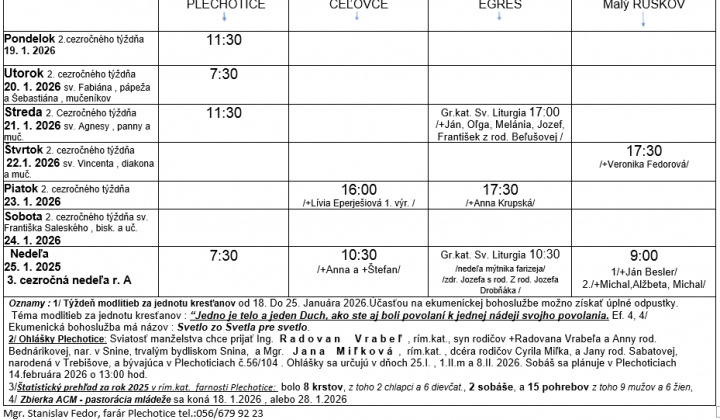 Fotka - Program bohoslužieb týždeň od 19.01.2026 do 25.01.2026