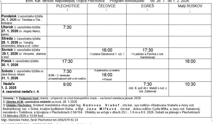 Fotka - Program bohoslužieb týždeň od 26.01.2026 do 01.02.2026