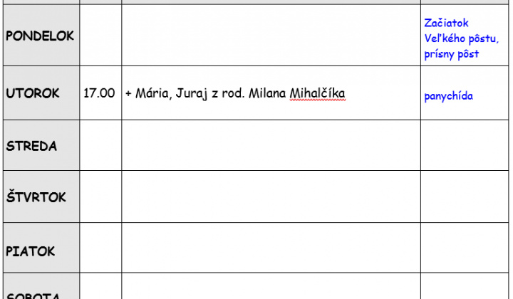 Fotka - Bohoslužobný poriadok 16.02.2026-22.02.2026