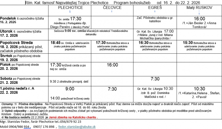 Fotka - Program bohoslužieb týždeň od 16.02.2026 do 22.02.2026
