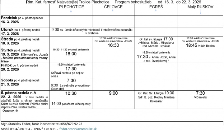 Fotka - Program bohoslužieb týždeň od 16.03.2026 do 22.03.2026