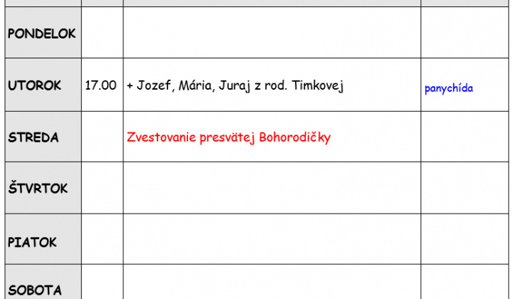 Fotka - Bohoslužobný poriadok 23.03.2026-29.03.2026