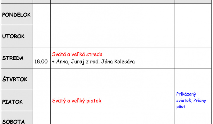 Fotka - Bohoslužobný poriadok 30.03.2026-05.04.2026