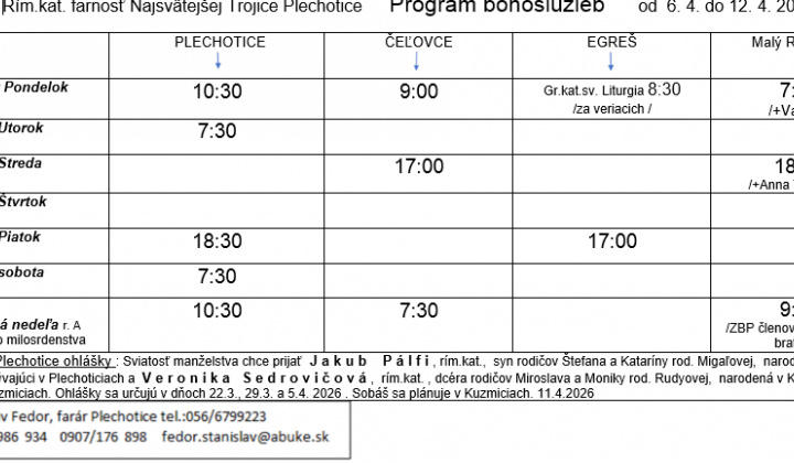 Fotka - Program bohoslužieb týždeň od 06.04.2026 do 12.04.2026