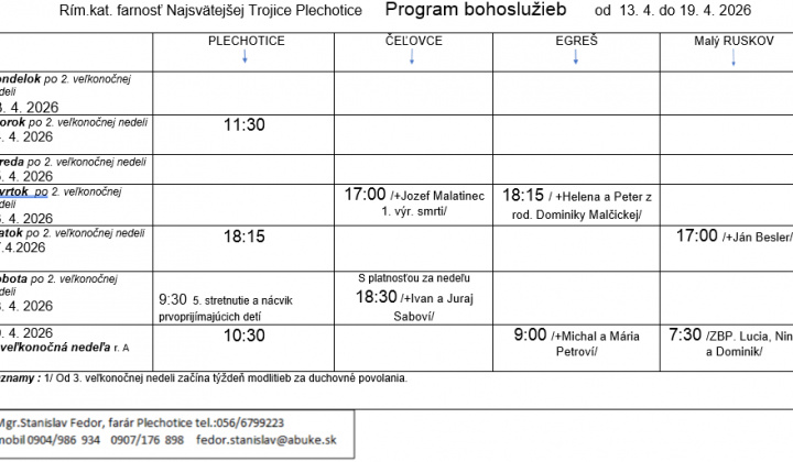 Fotka - Program bohoslužieb týždeň od 13.04.2026 do 19.04.2026
