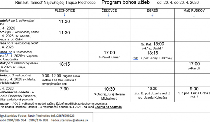 Fotka - Program bohoslužieb týždeň od 20.04.2026 do 26.04.2026