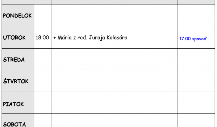 Fotka - Bohoslužobný poriadok 27.04.2026-03.05.2026