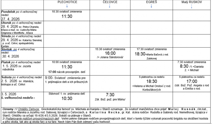 Fotka - Program bohoslužieb týždeň od 27.04.2026 do 03.05.2026