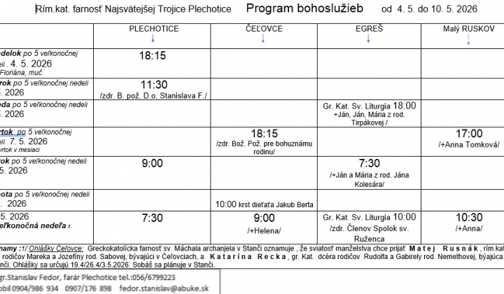 Fotka - Program bohoslužieb týždeň od 04.05.2026 do 10.05.2026