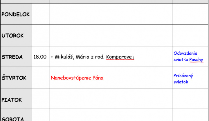 Fotka - Bohoslužobný poriadok 11.05.2026-17.05.2026