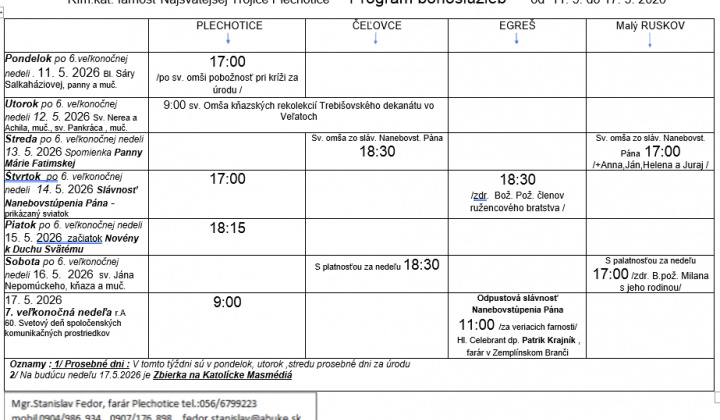 Fotka - Program bohoslužieb týždeň od 11.05.2026 do 17.05.2026