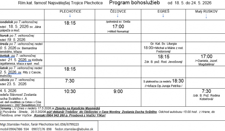 Fotka - Program bohoslužieb týždeň od 18.05.2026 do 24.05.2026