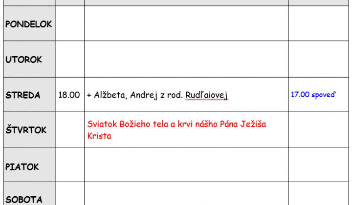 Fotka - Bohoslužobný poriadok 01.06.2026-07.06.2026