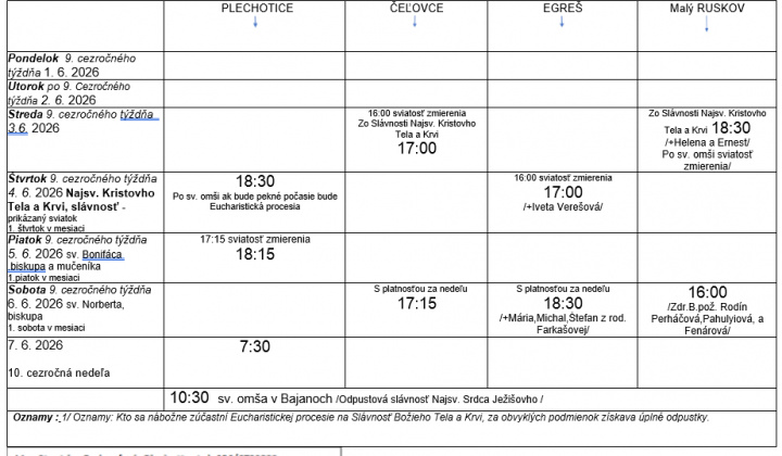 Fotka - Program bohoslužieb týždeň od 01.06.2026 do 07.06.2026