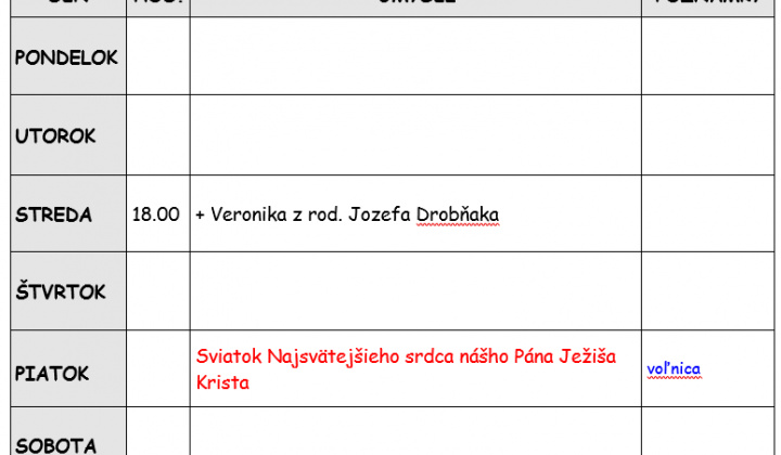 Fotka - Bohoslužobný poriadok 08.06.2026-14.06.2026