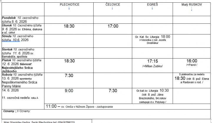 Fotka - Program bohoslužieb týždeň od 08.06.2026 do 14.06.2026