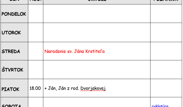 Fotka - Bohoslužobný poriadok 22.06.2026-28.06.2026