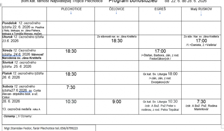 Fotka - Program bohoslužieb týždeň od 22.06.2026 do 28.06.2026