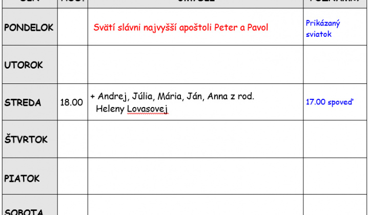 Fotka - Bohoslužobný poriadok 29.06.2026-05.07.2026