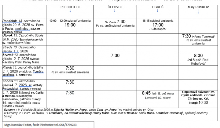 Fotka - Program bohoslužieb týždeň od 29.06.2026 do 05.07.2026